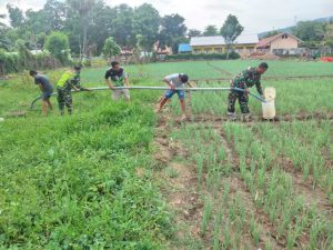 Koramil 1608-03/Sape Bersama Masyarakat Oi Moci Pasang Pipa Air Untuk Mengairi Sawah Petani