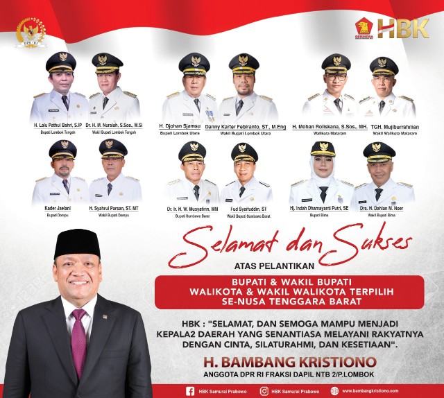 HBK: Selamat & Sukses Atas Pelantikan Bupati & Wakil Bupati, Wali Kota & Wakil Walikota Se-Nusa Tenggara Barat