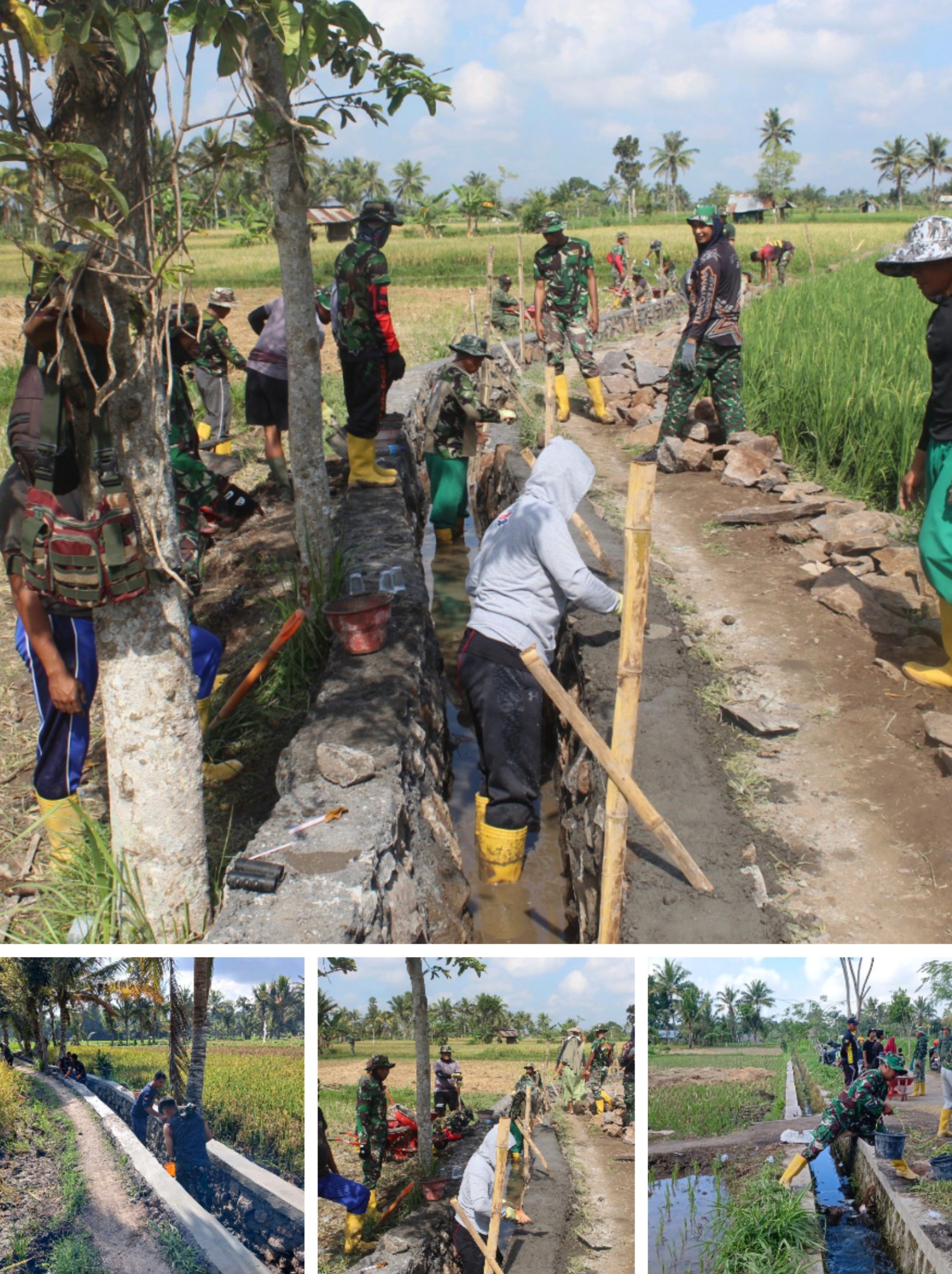 Semangat Personel Kodim 1615/Lombok Timur dalam Gotong Royong Pembuatan Talud Irigasi di TMMD ke-121