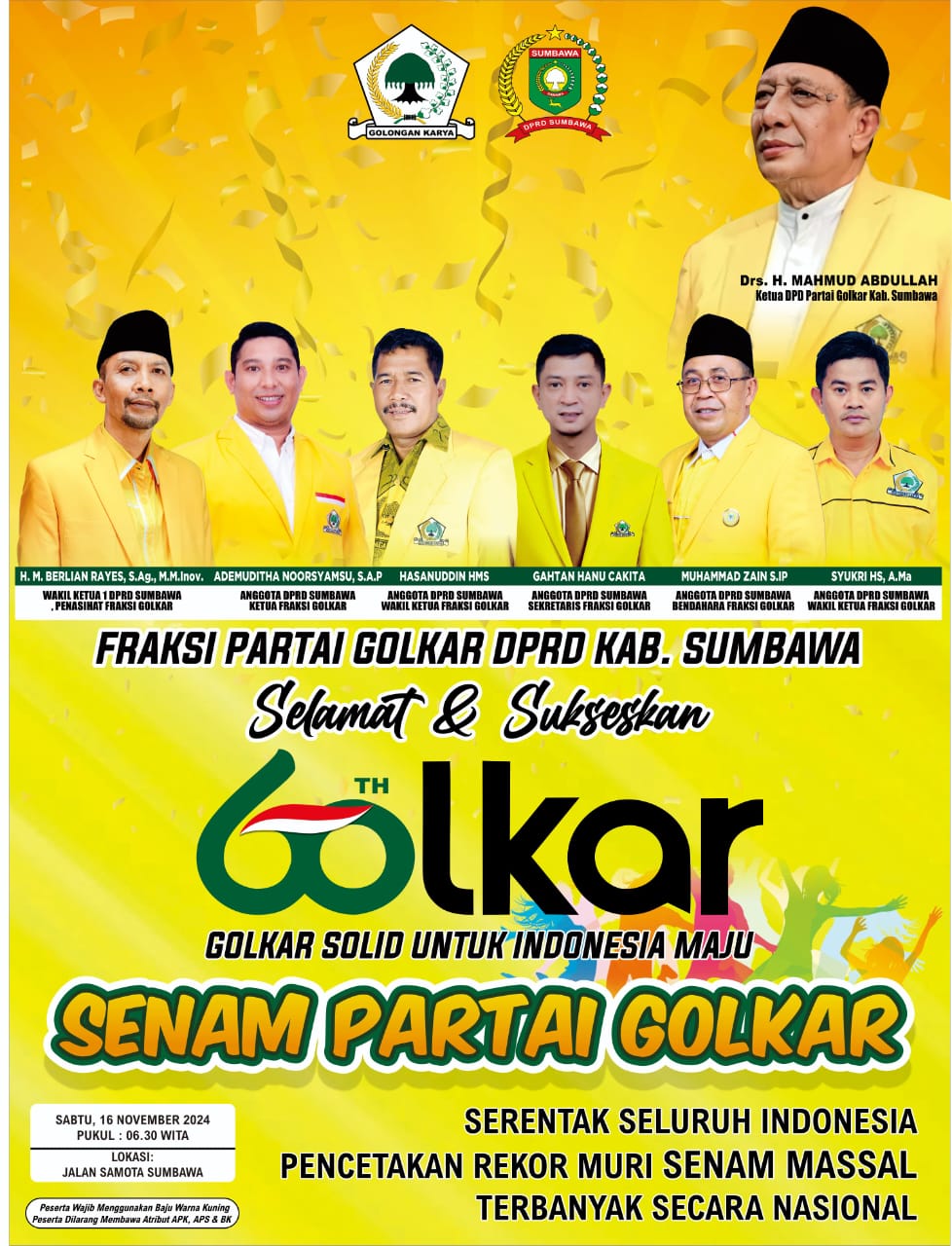 Peringati 60 Tahun Partai Golkar, DPD Sumbawa Akan Gelar Senam massal di Kawasan Samota