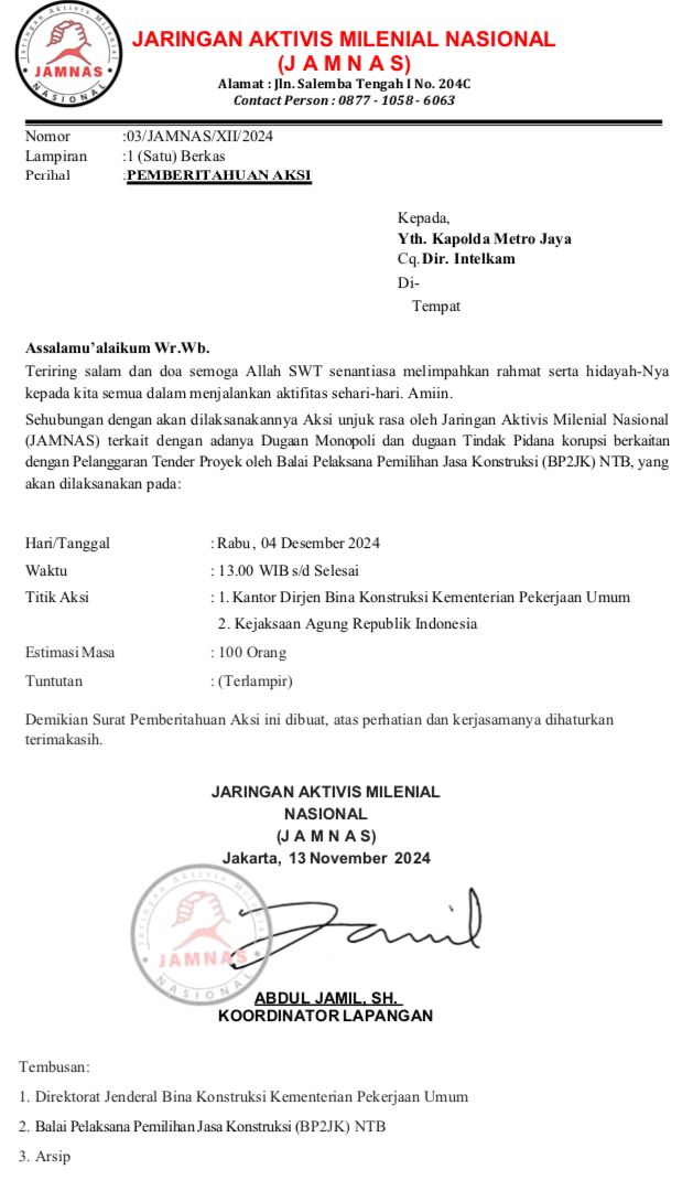 JAMNAS Akan Demo PU terkait Tender di BP2JK NTB Diduga Ada Konspirasi