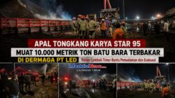 KAPAL TONGKANG KARYA STAR 95 MUAT 10.000 METRIK TON BATU BARA TERBAKAR DI DERMAGA PT LED Polres Lombok Timur  Bantu Pemadaman dan Evakuasi