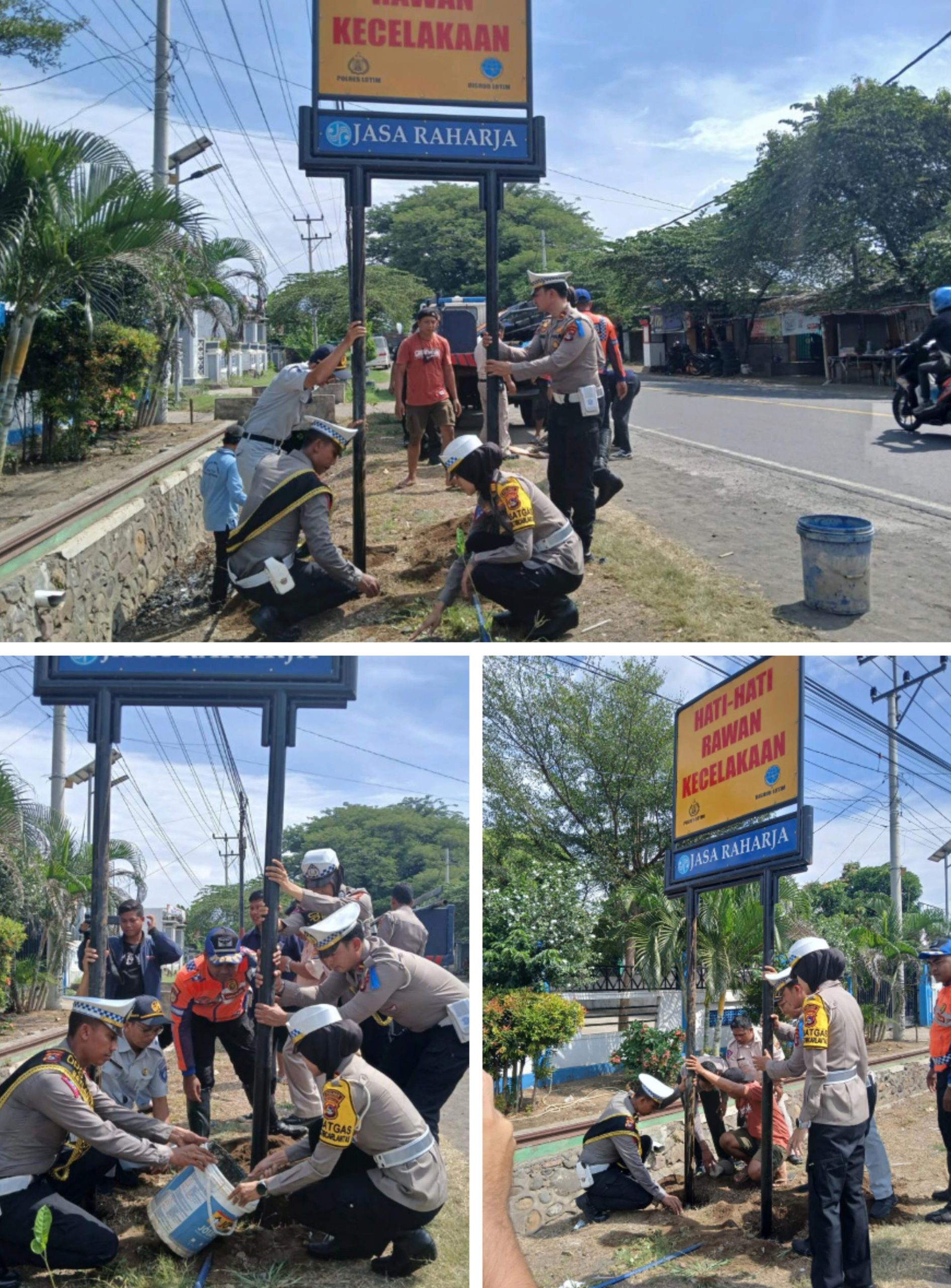 Satlantas Polres Lombok Timur laksanakan pemasangan plang  himbauan hati-hati di lokasi Rawan laka lantas
