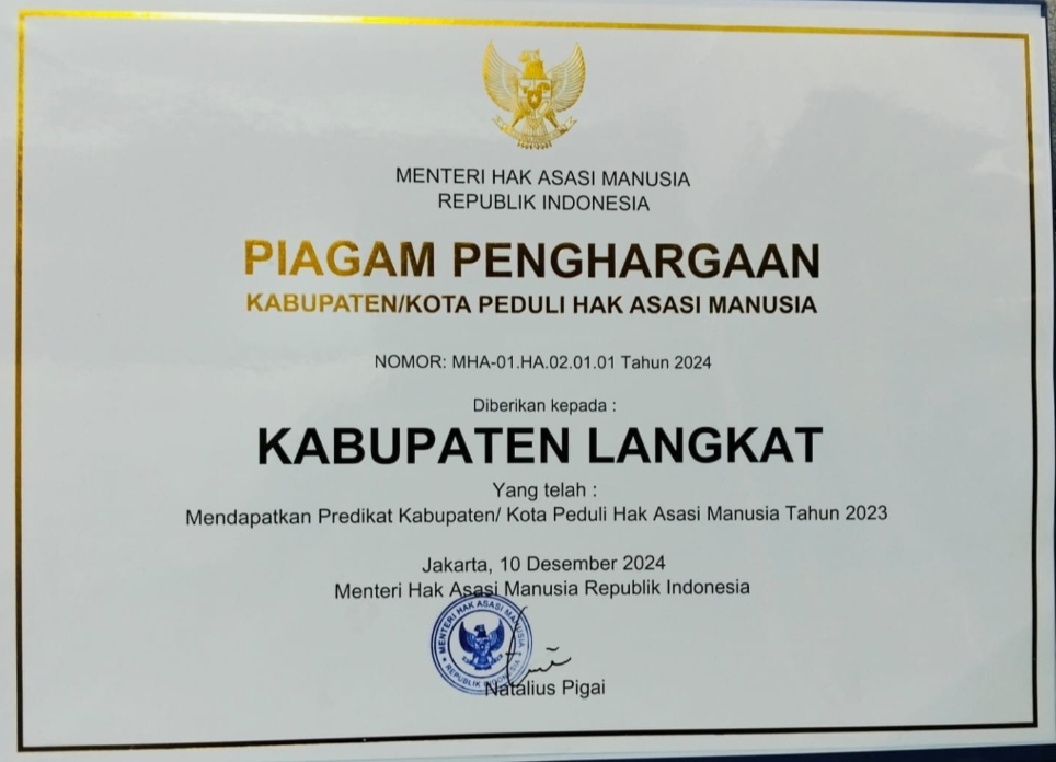 Pemkab Langkat Raih Piagam Kabupaten Peduli HAM Nasional 2024: Bukti Nyata Komitmen & Kolaborasi